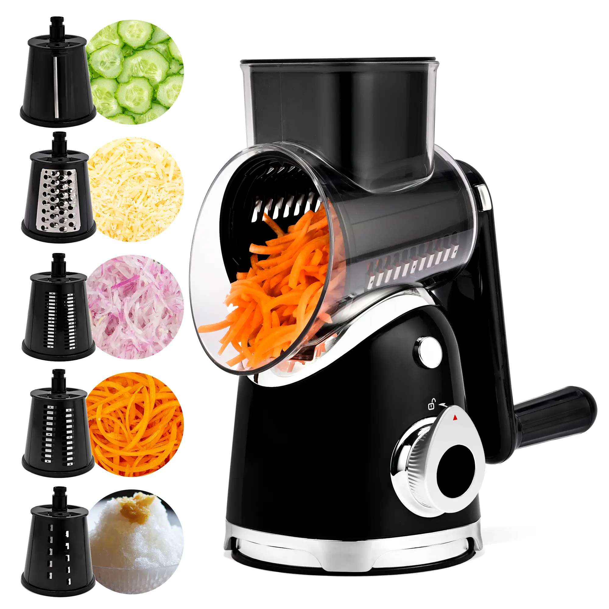 SUSTEAS Stainless Steel Rotary Cheese Grater & Food Shredder - 6-Blade Kitchen Gadget with Strong Suction Cups, Easy-Clean Vegetable Cutter Utensil
