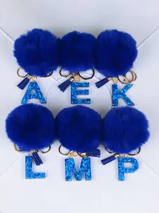 Women's Blue Faux Fur Heart Letter Pendant Keychain, Resin Metal Mixed Color Sparkle Charm, Holiday Gift Bag Purse Decoration