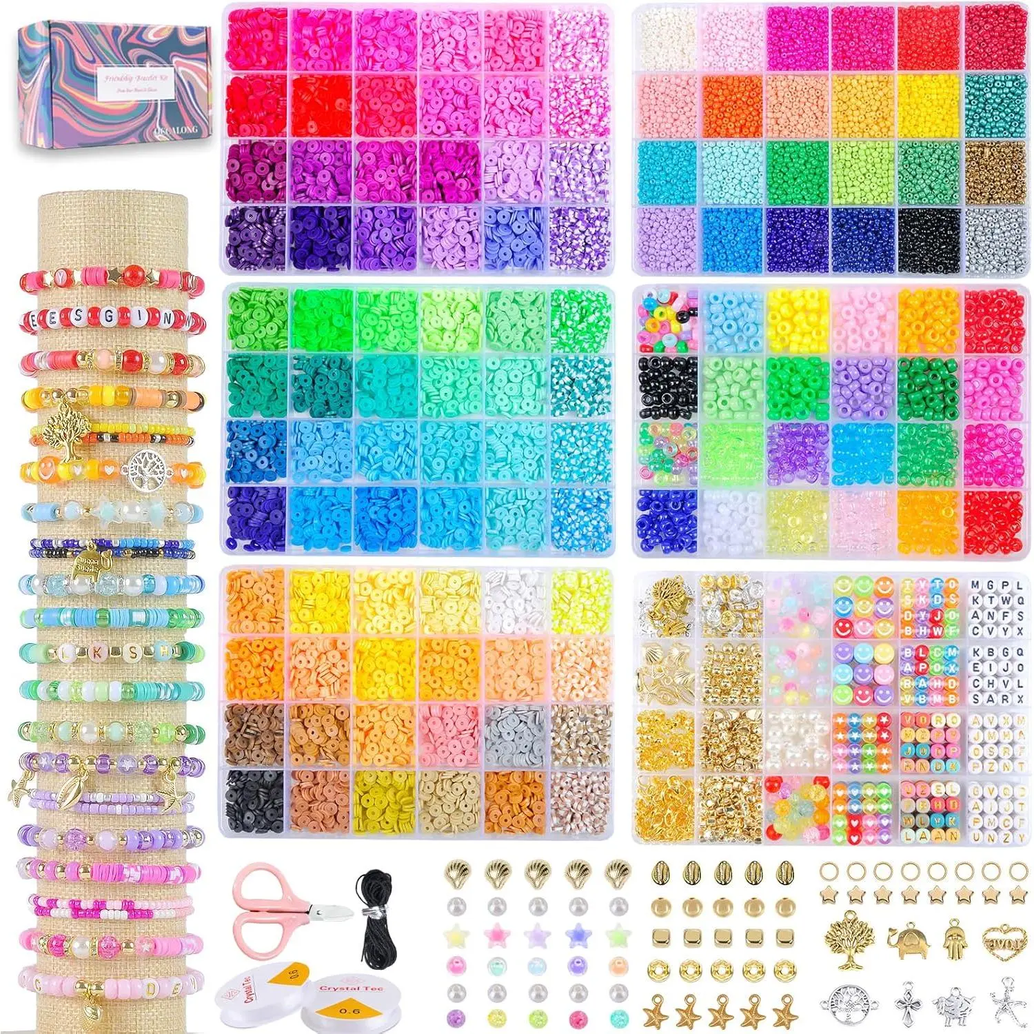 6 Box Set Friendship Bracelet Making Kit - 13000 count, DIY  Making Set - Includes Clay, Seed, Pony Beads, Charms, and String