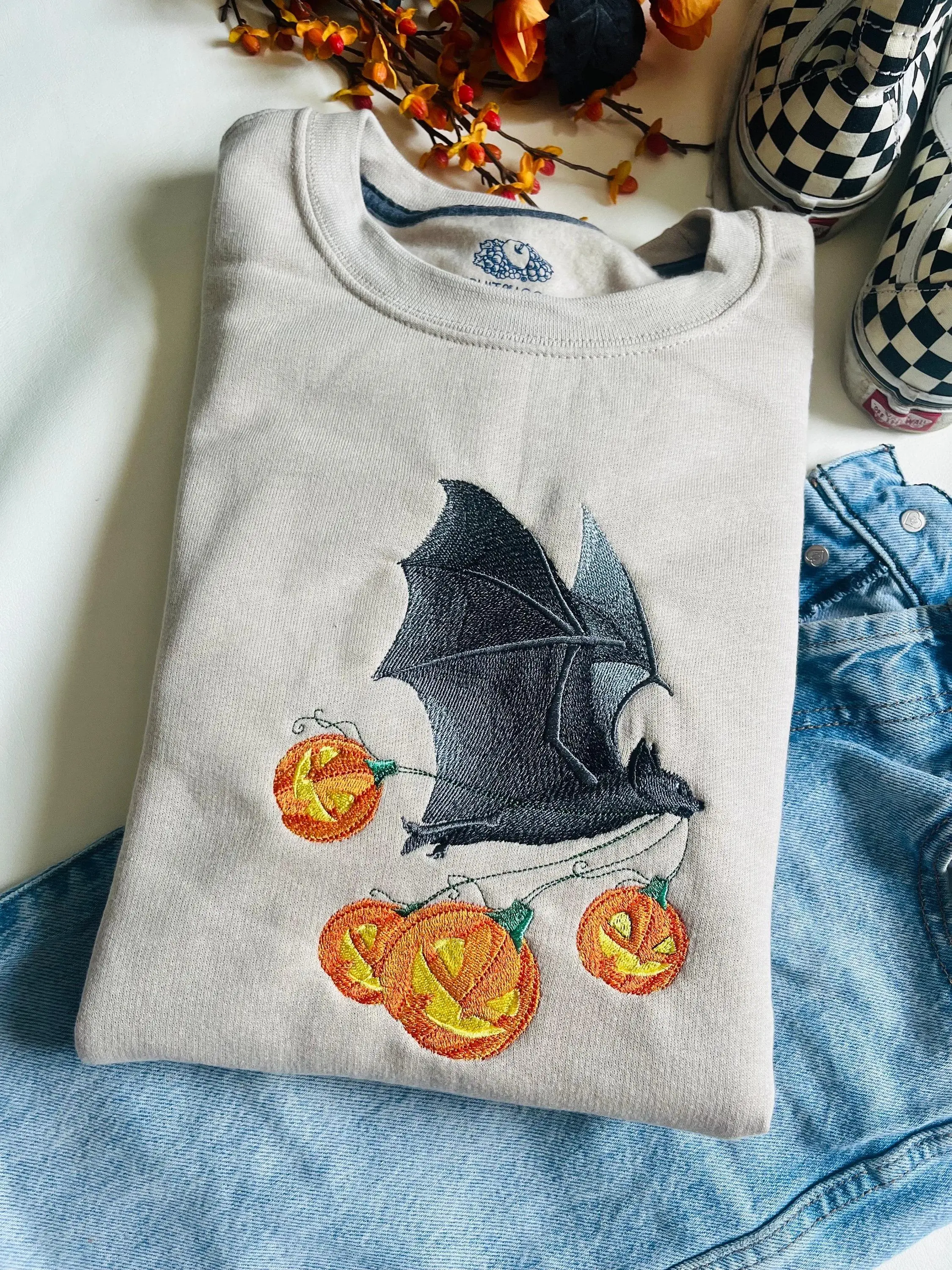 [MADE IN US] Flying Bat And Jack O Laterns Embroidered Crewneck Halloween Sweatshirt Fall Crewneck