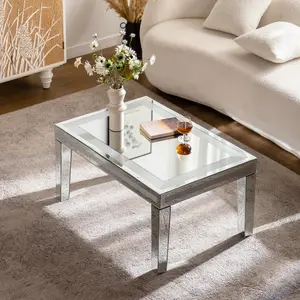 Silver Coffee Tables for Living Room with Dazzling Crushed Crystal Border, Clear Glass Rectangle Center Table Miored Finished, Glam Modern Living Room Furniture