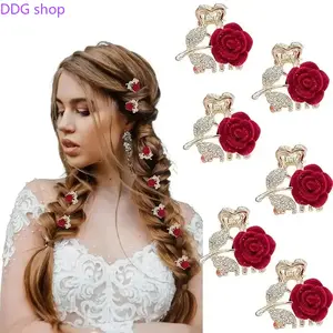 6-Piece Women’s Elegant Hair Clip Set, Red Velvet Rose & Rhinestone Leaf Design Hairpins, Luxury Delicate Hair Accessories for Short & Long Hair, Ideal for Daily Wear, Dinner Parties & Formal Occasions,summervibes