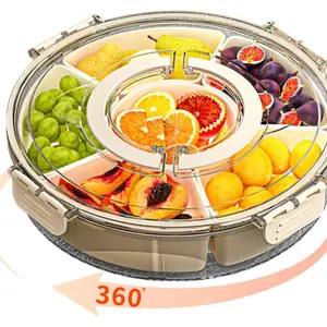 1PC - Divided Dinner Plate - With Lid and Handle - Fruit Plate - Suitable for Snacks - Portable Rotating Vegetable Plate - Perfect for Kitchen Parties Travel Picnics - Stackable Snack Container Organiser - Round Plastic Rotating Snack Tray