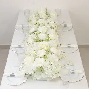 Pre-Arranged Silk Flower Runner 40"x16" – White Roses, Hydrangeas & Baby's Breath for Wedding Table & Arch Decor