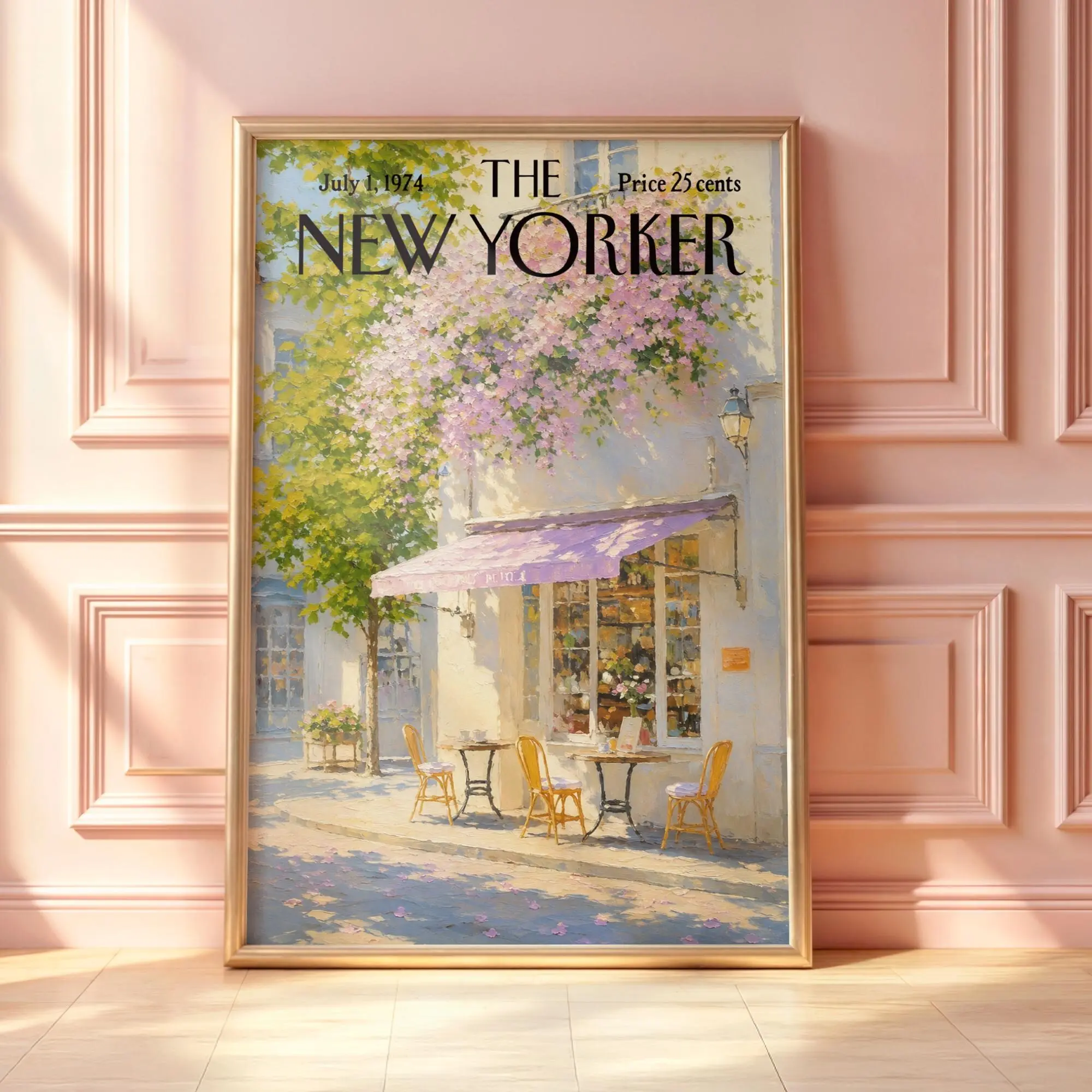 Vintage New Yorker Paris Café Poster, Blooming Bistro Wall Art, French Street Print, Floral Café Decor, Spring Coffee Shop Artwork