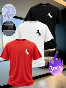 Men's Horse Print Short Sleeve T-Shirt 3-Pack, Summer Breathable Casual Top, Slim-Fitting Geometric Pattern, All Seasons Wear
