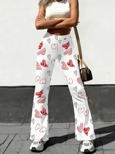 Comfortable High-Waisted Yoga Pants, Heart Pattern Digital Print, Flowy Casual Home Wear, Fitted Long Pants for All Seasons