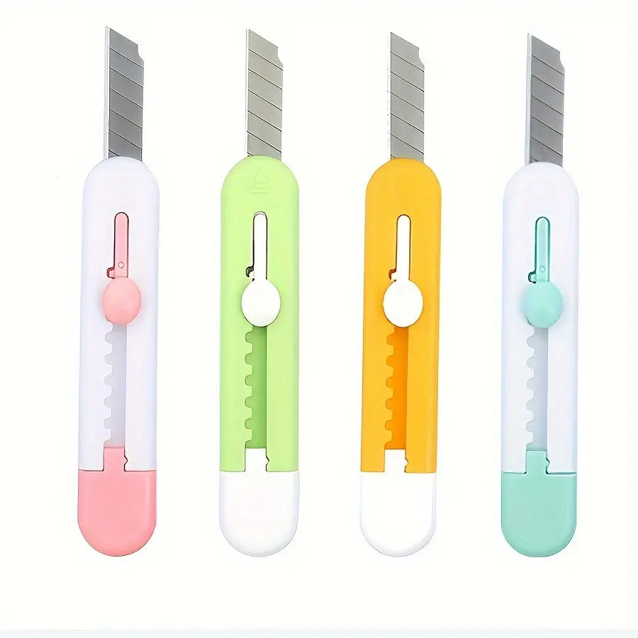 4pcs Retractable Compact Box Cutter Set - Plastic & Steel Construction, Safety Lock, Keychain Hole, Rear Clip, 9x2cm/3.54x0.79in - Convenient Office Cutting Supplies for Crafting, Office Use, Convenience