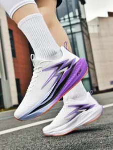 1 Pair Unisex Carbon Plate Racing Running Shoes Dual Density Cushioning Midsole Lightning Gradient Print For Student Physical Test And Daily Jogging