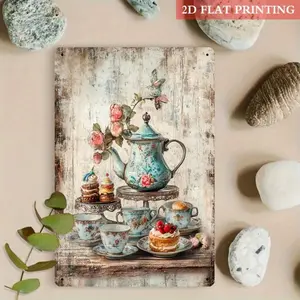 2D Metal Sign Decorative Plaque Vintage Tea Party 8X12 Inches, Perfect for Rustic Decor in Living Room, Dining Room or Cafe, Ideal Gift for Tea Lovers, Room Decor