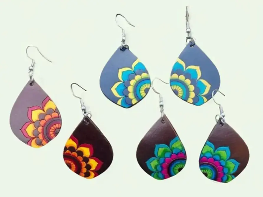 Hand-Carved Gourd Mandala Drop Earrings- Hand-Painted-Fair Trade-Columbia
