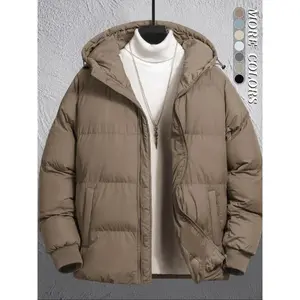 Men's Plain Pocket Zip Up Thick Warm Hooded Puffer Coat, Regular Fit Long Sleeve Padded Winter Coat, Winter Jacket, Casual School Outfits - Zipper