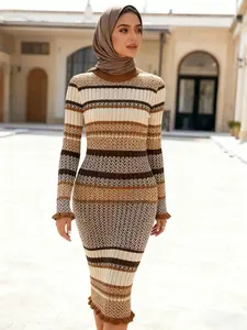 Women's Long Sleeve Knitted Dress, Striped Ruffle Feminine Design, Tight Fit Bodycon, Muslim Clothing, Fall & Winter Fashion