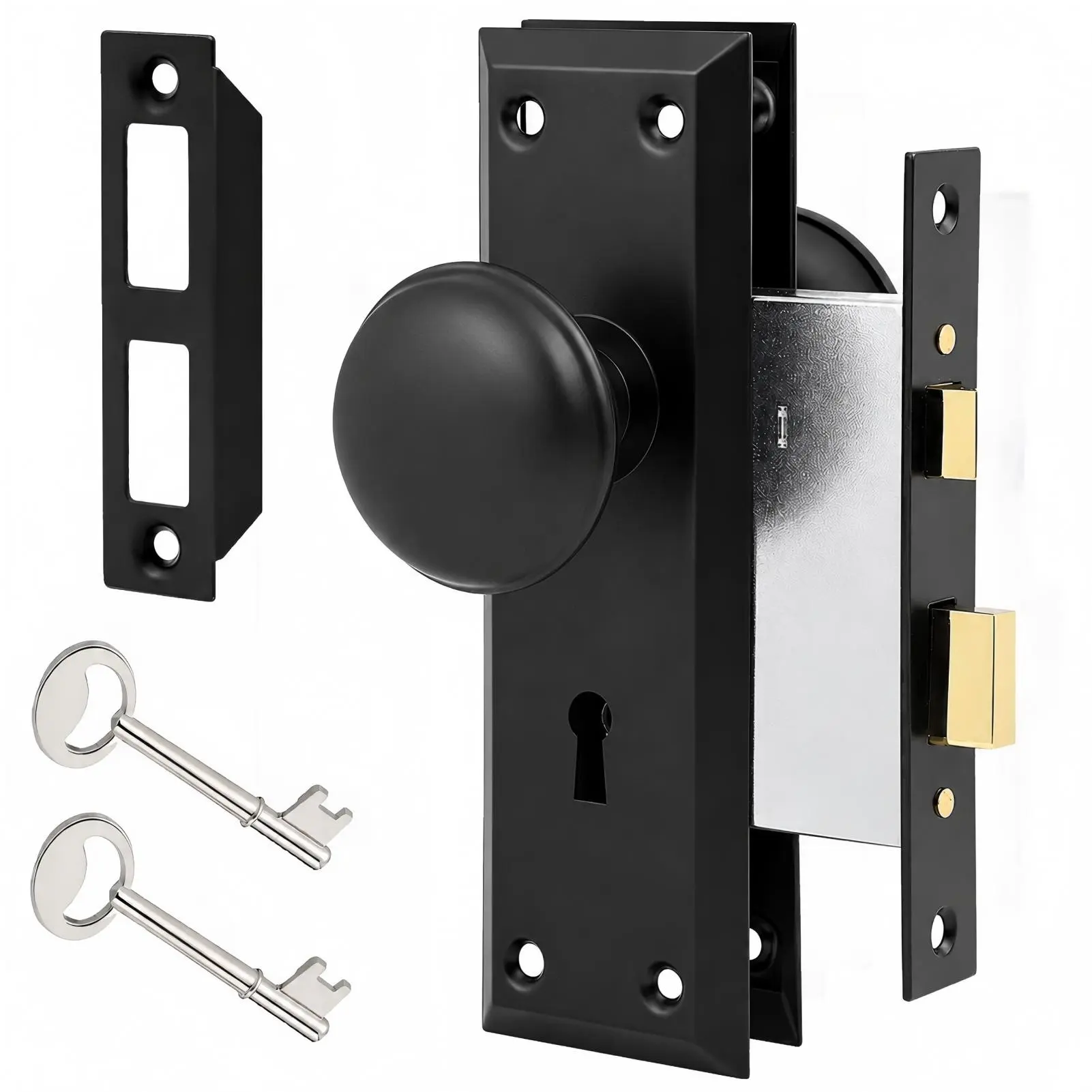 Teilmix Vintage Mortise Lock Set with Antique Door Knobs, Heavy-Duty Rustproof Zinc Alloy Dual-Key Action Pre-Assembled Interior Door Lock, Fits 1-3/8" to 1-3/4" Entryway Replacement, Matte Black