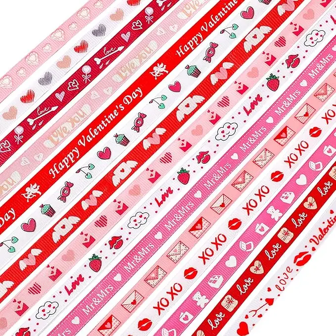 15 Pcs Valentine Ribbon, 15 Yards 3/8 Inch Valentine’s Day Ribbon Pink Red Heart Grosgrain Thin Ribbons for DIY Crafts Gift Wrapping Valentine's Day Wedding Party Decoration