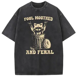Holafish Oversize Acid Wash T-Shirt,Foul Mouthed And Feral T-Shirt.Funny Raccoon.Heavyweight Cotton Streetwear graphic vintage Crewneck Tee