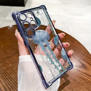 Compatible with Samsung Galaxy S23 Ultra S24 Plus S25 S22+ FE Edge Phone Case Marine Jellyfish Pattern Transparent Full Coverage Four Corners Anti-drop Casing