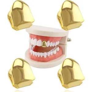 Men's 18K Plated Gold Grills - 4 Pcs Single Teeth Hip Hop Braces, European-American Style, Party Costume Body Jewelry Accessories