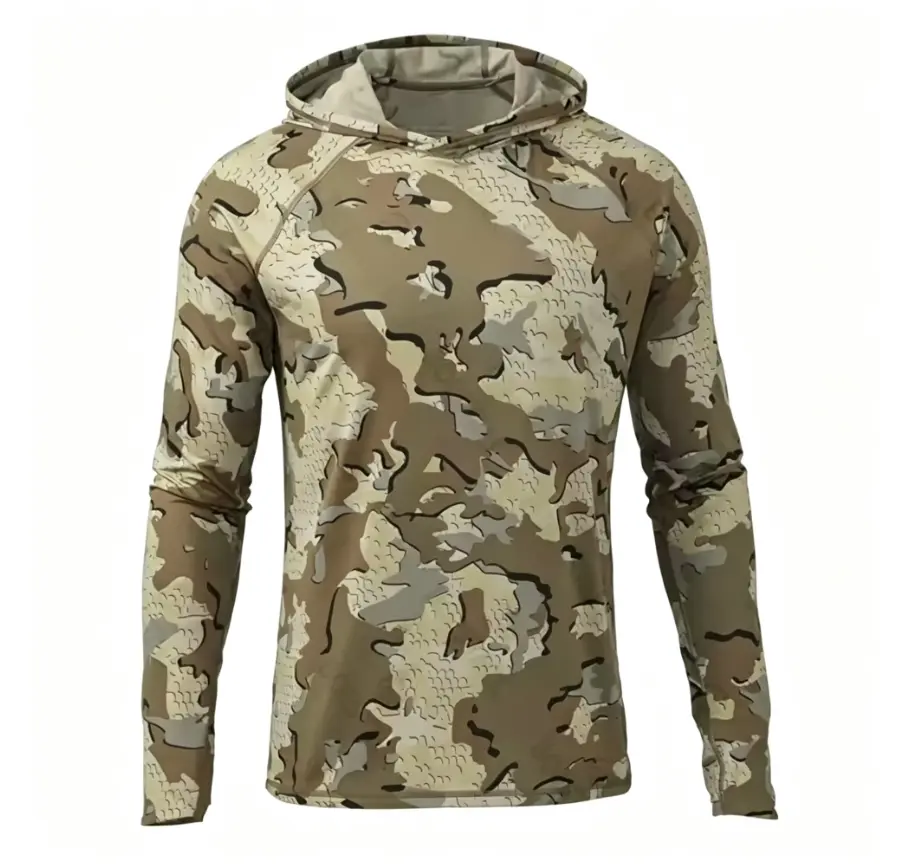 Unisex Polyester Camouflage Hooded Full-Sleeve Athletic Active Top - Quick-Dry, Lightweight Breathable, Sweat-Wicking Sun Protection Polyester Hoodie Sweatshirt for Hiking, Fishing - Machine Washable Hiking Activewear Outdoor Clothing