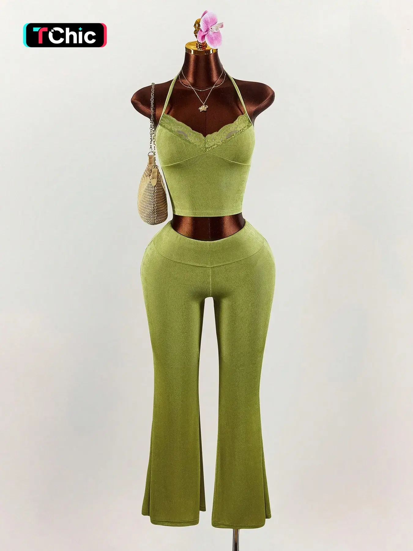 2 Piece Lace Halter Sleeveless Crop Top Flare Pants Set Women | High Waist Split Hem Bodycon Outfit | Y2K Baddie Streetwear Wear | Coquette Date Night Vacation Wear Fitted Womenswear Clothes