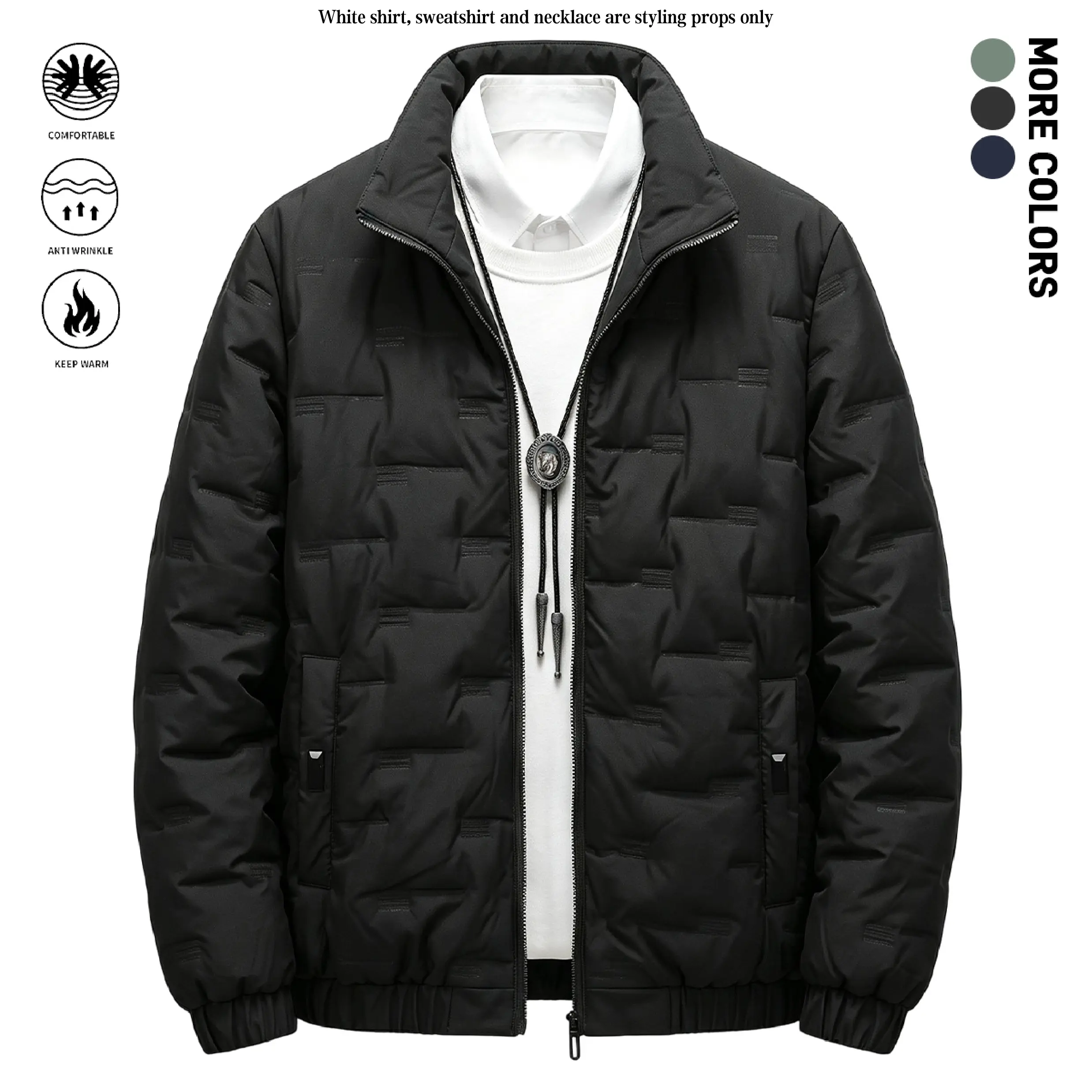 Men's Quilted Insulated Jacket, Stand Collar Full‑Zip Warm Winter Outerwear, Anti‑Wrinkle Lightweight Coat with Elastic Cuffs & Elastic Hem for Fall Winter Daily Casual Wear, Shell & Insulation: 100% Polyester