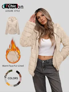 Women's Faux Fur Coat, Casual Fall & Winter Woven Jacket, Thick Fabric Hooded Drawstring Pocket Design, Daily Wear Outerwear