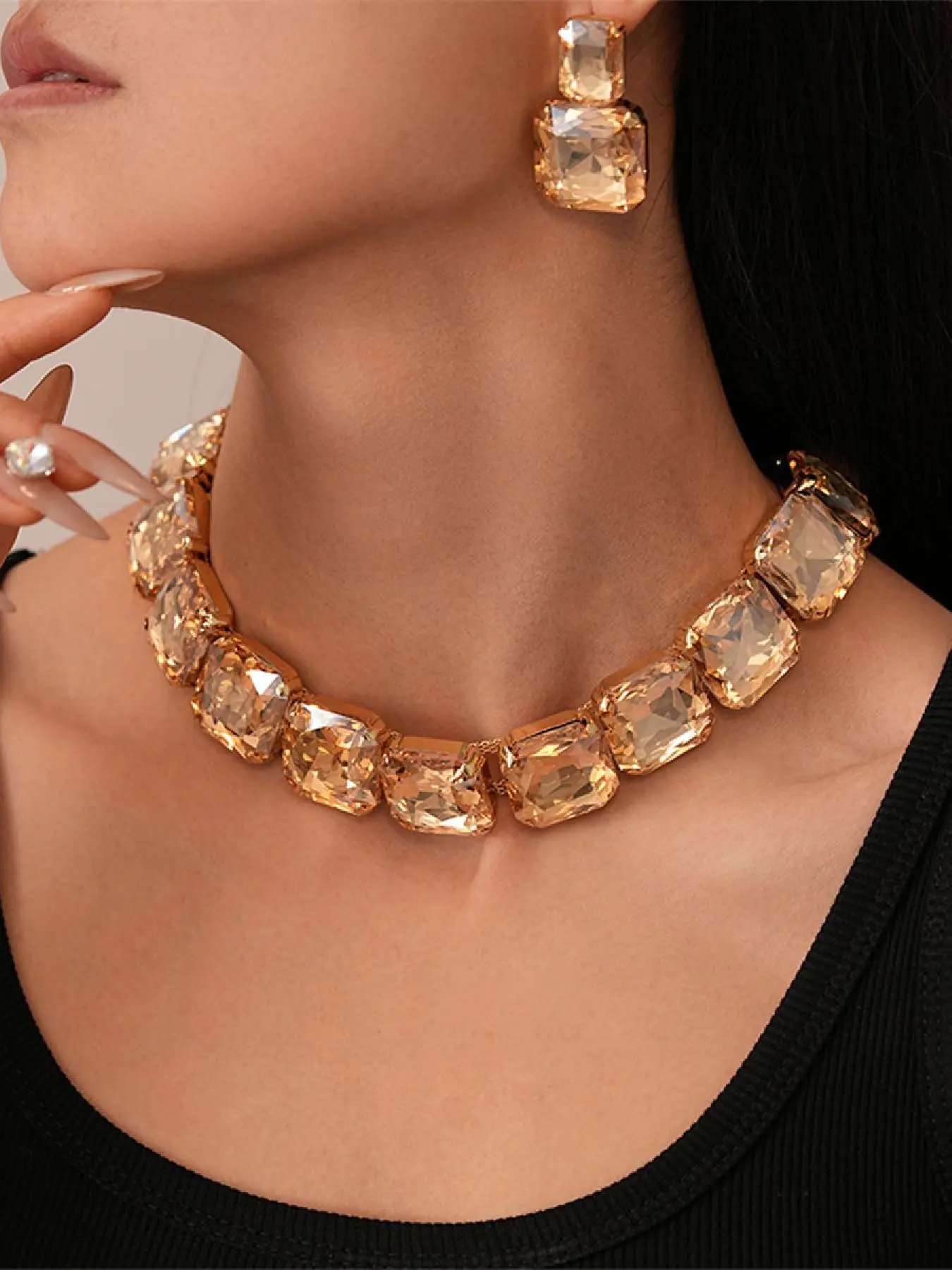 Women's Elegant Geometric Artificial Crystal Decorated Jewelry Set, Exquisite Trendy Necklace & Dangle Earrings, Chic Jewelry Set for Party & Daily Clothing Decor