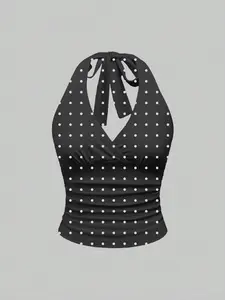 Elegant Summer Fall Women's V Neck Top, Polka Dot Design, Casual Style, Perfect for Daily Wear & Stylish, Casual Halter Top