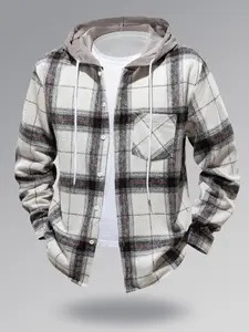 Men's Essential Hooded Plaid Checkered Shirt Jacket, Casual Hoodie Jacket, Fashionable Casual Outerwear, Fall & Winter Woven Fabric, Moderate Fitted Fit, Stylish Men's Clothing