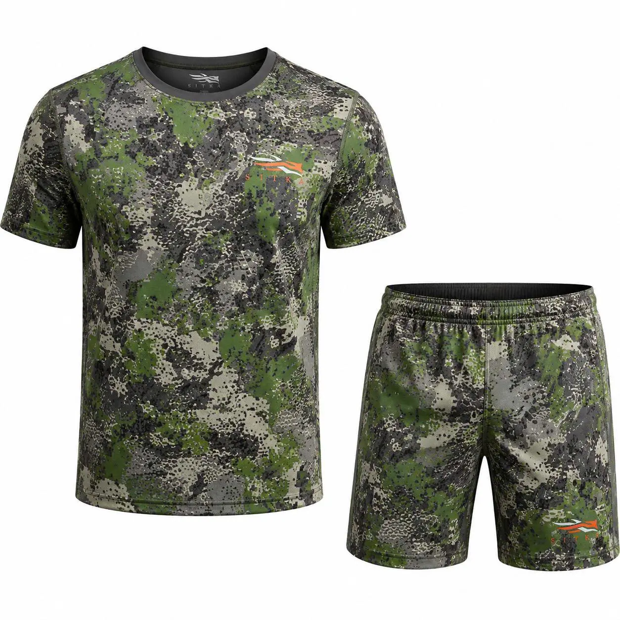 SITKA Camo Performance T-Shirt & Shorts Set for Men, Lightweight Breathable Hunting Outfit, Quick Dry Moisture Wicking Camouflage Athletic 2 Piece Activewear