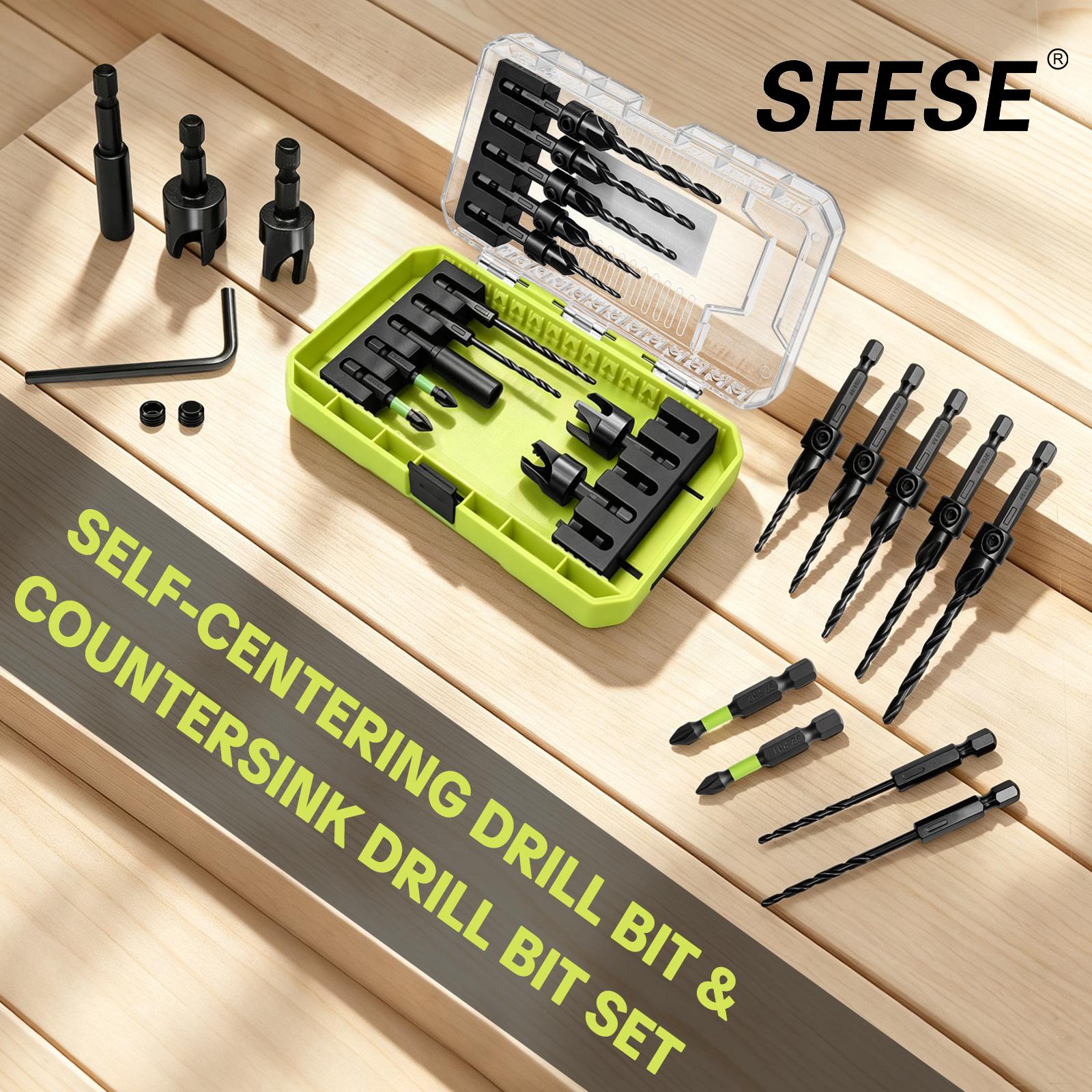 SEESE 15 PCS Adjustable Countersink Drill Bit Set, 1/4 Inch Quick-Change Hex Shank, HSS Wood Countersink Drill Bits with 2PCS Wood Plug Cutters Plug Cutter,Magnetic Extension Bit Holder & Storage Case for Woodworking
