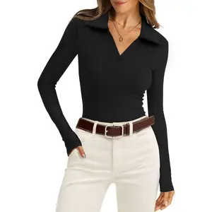 Womens Polo Shirts Long Sleeve Business Casual Tops Collared V Neck Ribbed Knit Sweater Slim Fit Blouses