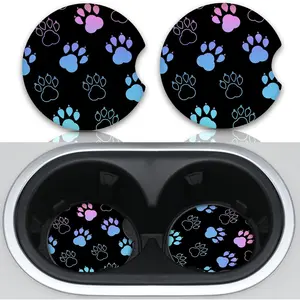 Absorbent 2 Pack 2.56" Universal Neoprene Car Coasters with Finger Slot for Cup Holders Gradient Black Dog Paw Print Auto Accessories for Women & Men