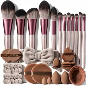 Milk Tea Two-Tone Makeup Brush Set Soft Synthetic Face Eye Brushes All In One Beauty Kit With Makeup Sponges Triangle Powder Puffs Plush Hair Accessories Silicone Brush Cleaning Mat Makeup Tools For Beginners Daily Travel