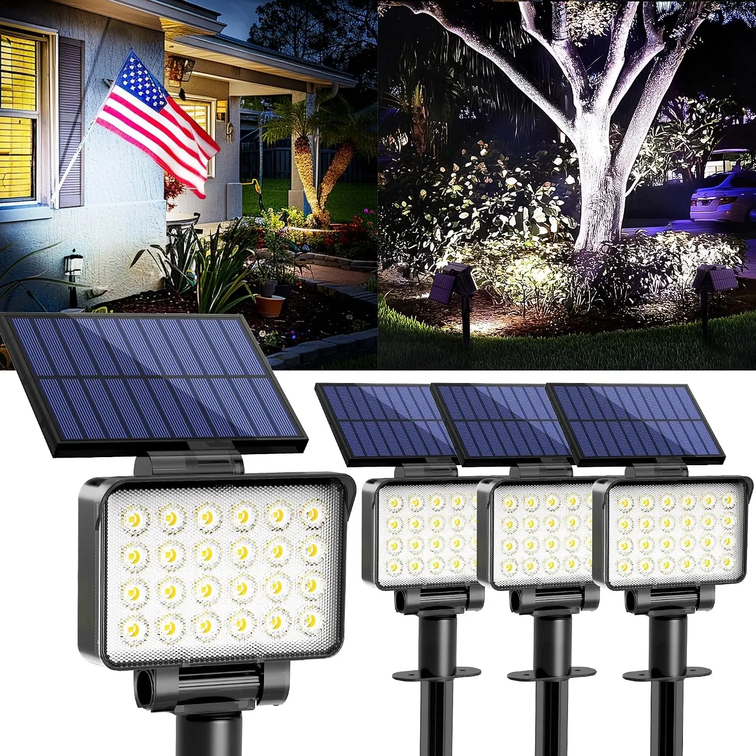 Solar Spot Lights Outdoor Waterproof for Flag, Tree, House, Garden, Yard, 3 Brightness Modes Solar Powered Landscape Spotlights 4 Pack Cool White