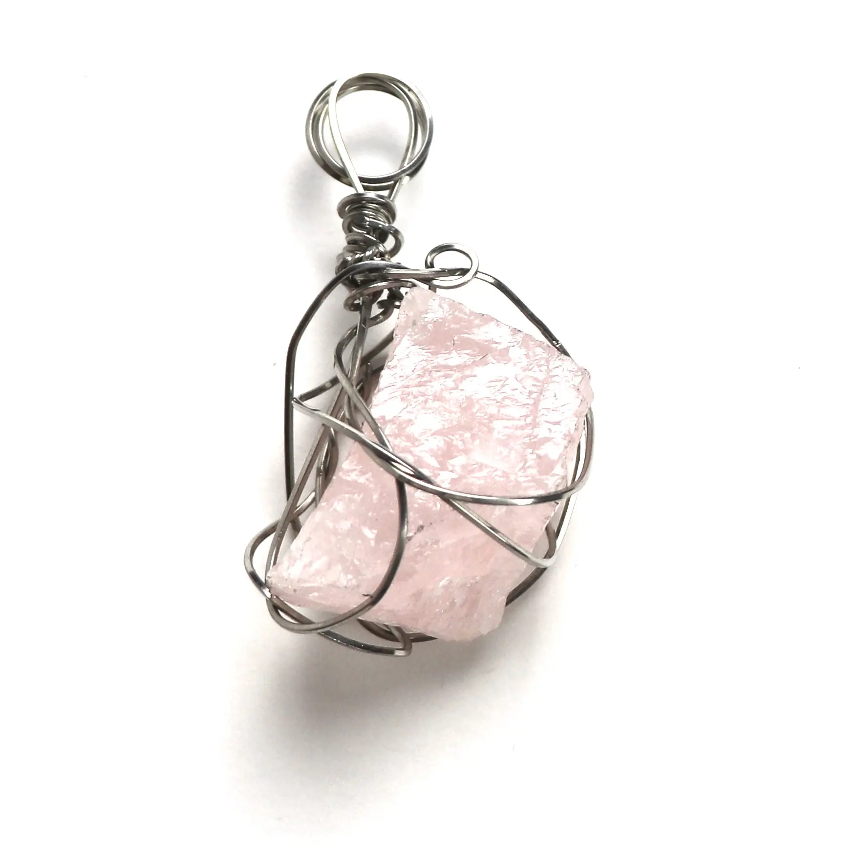 Cinderella's Carriage - Sterling Silver Wrapped Raw Rose Quartz Spirit Crystal Cluster Pendant Necklace