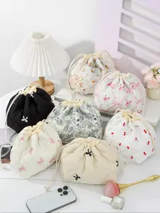 Floral Pattern Drawstring Makeup Bag, Multifunctional Cosmetic Storage Bag, Travel Essential Makeup Bag, Cute Drawstring Bag, Makeup Organizer Pouch