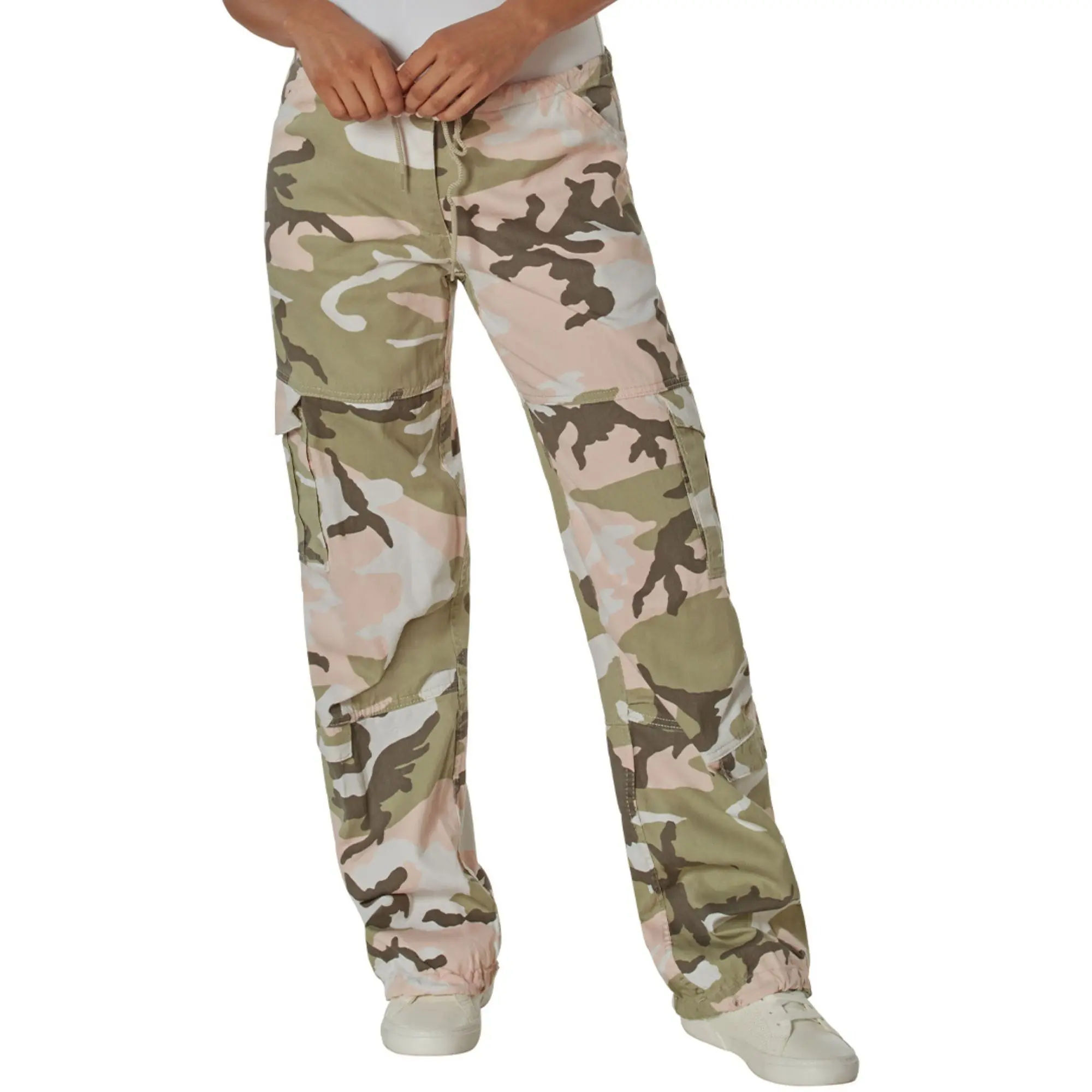Women's Baggy Subdued Pink Camouflage Paratrooper Fatigue Army Pants - Heavy Cotton, Zipper Fly, Adjustable, Everyday Bottoms, Outdoor Wear, Comfortable, Drawstring, Casual, Cargo, Button, Fabric, Fit, Y2k