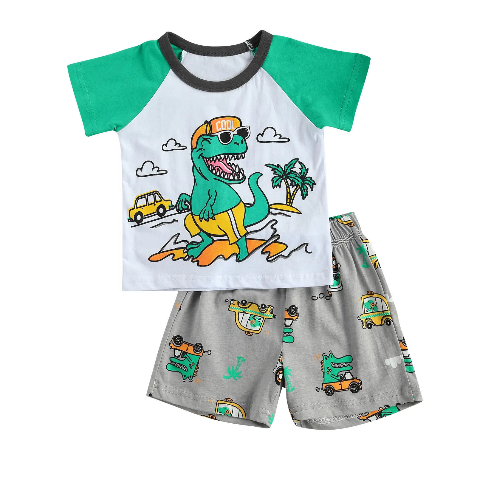Toddler Boy Summer Clothes Outfits Kids Cotton Dinosaur Short Sleeve Shirt with Elastic Waist Shorts  Shorts Set