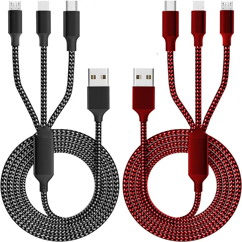 2-Pack 3-in-1 Portable Fast Charging Cable Set, 4FT Braided USB Cord for Android/Micro USB Electronic Devices, Flexible Bendable, Black & Red Options