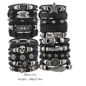 20pcs Men's Punk Skull Spike Bracelet Set, Vintage Exaggerated Five-pointed Star Edgy Retro Rock Jewelry for Guys, Wings Pointed Nail, Man Stackable Adjustable Bracelet (Random Style)