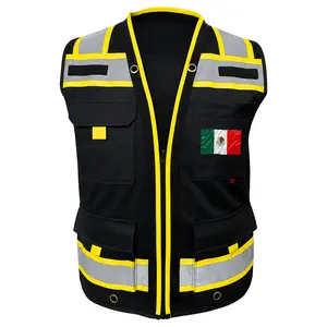 Custom Flag - Superintendent Vest High Visibility Reflective Safety Mesh Design with Zipper & Multi Pockets for Construction Gear (American Size)