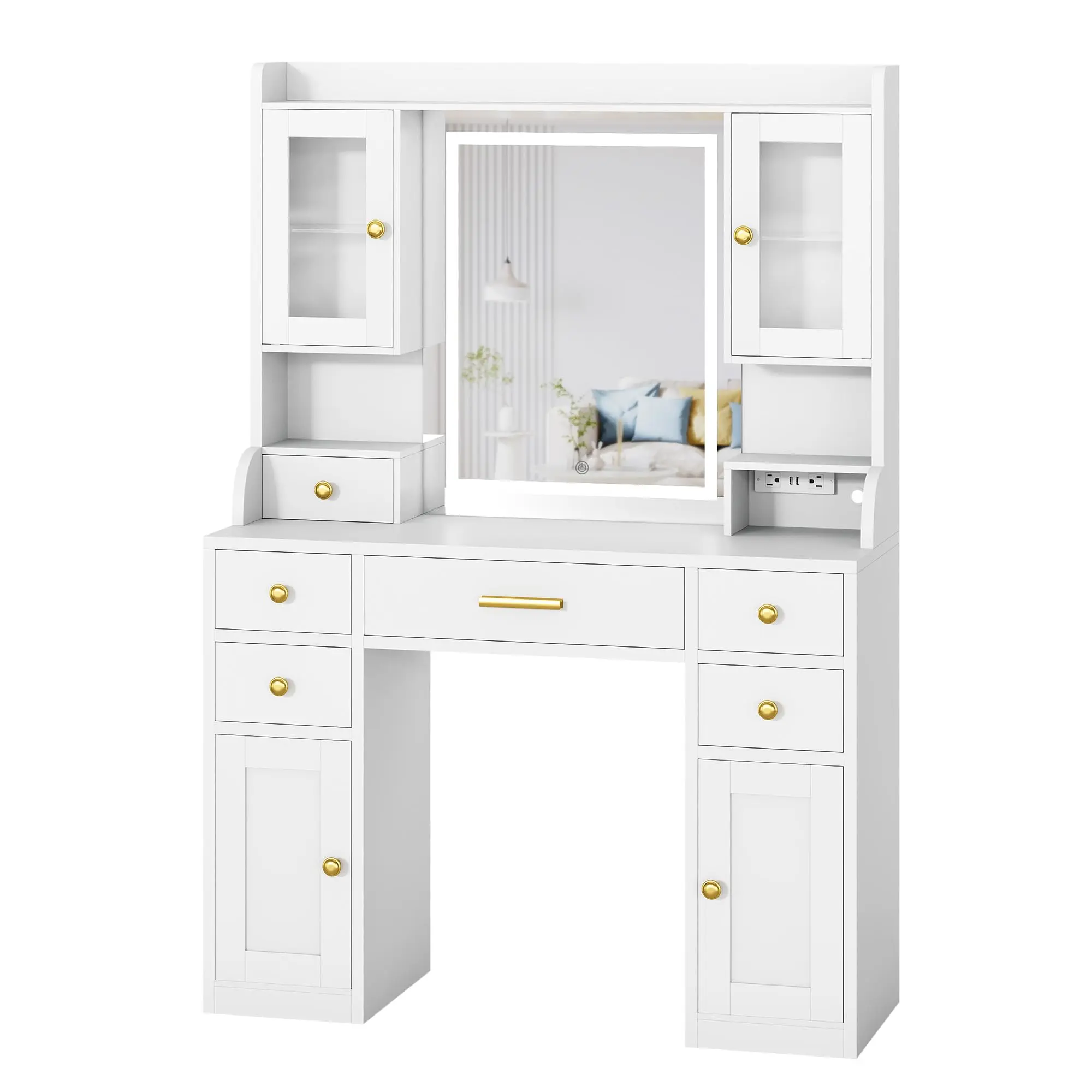 White LED Vanity Makeup Table with Adjustable Lighting, Charging Station, 2 RGB Cabinets, 6 Drawers, 2 Storage Cabinets, Quick Setup – Glam Indoor Furniture for Girls, Teens (Valentine's Day Gift Option)