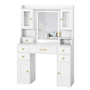 Modern White Vanity Desk with LED Lighted Mirror – 6 Drawers, Cabinet, Shelves, Charging Station – Bedroom Dressing Table Set with Gold Accents, 3 Lighting Modes