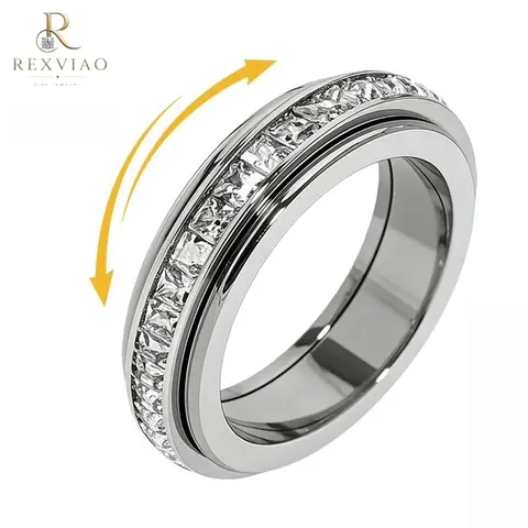 Rexviao Women's Comfort-Fit Titanium Steel Spinner Anxiety Ring with Cubic Zirconia - Non-Tarnish Jewelry, Sizes 5-12 for Meditation, Hanukkah Relaxing Gifts, Tarnish-Proof Jewelry Accessory