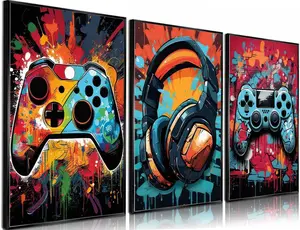 PPV 3Pcs Cool Gaming Wall Art Retro Video Gamer Watercolor Posters Pictures Colorful Neon Gamepad Canvas Painting Prints for Boys Room Kids Gamer Room Bedroom for Boys Home Decoration