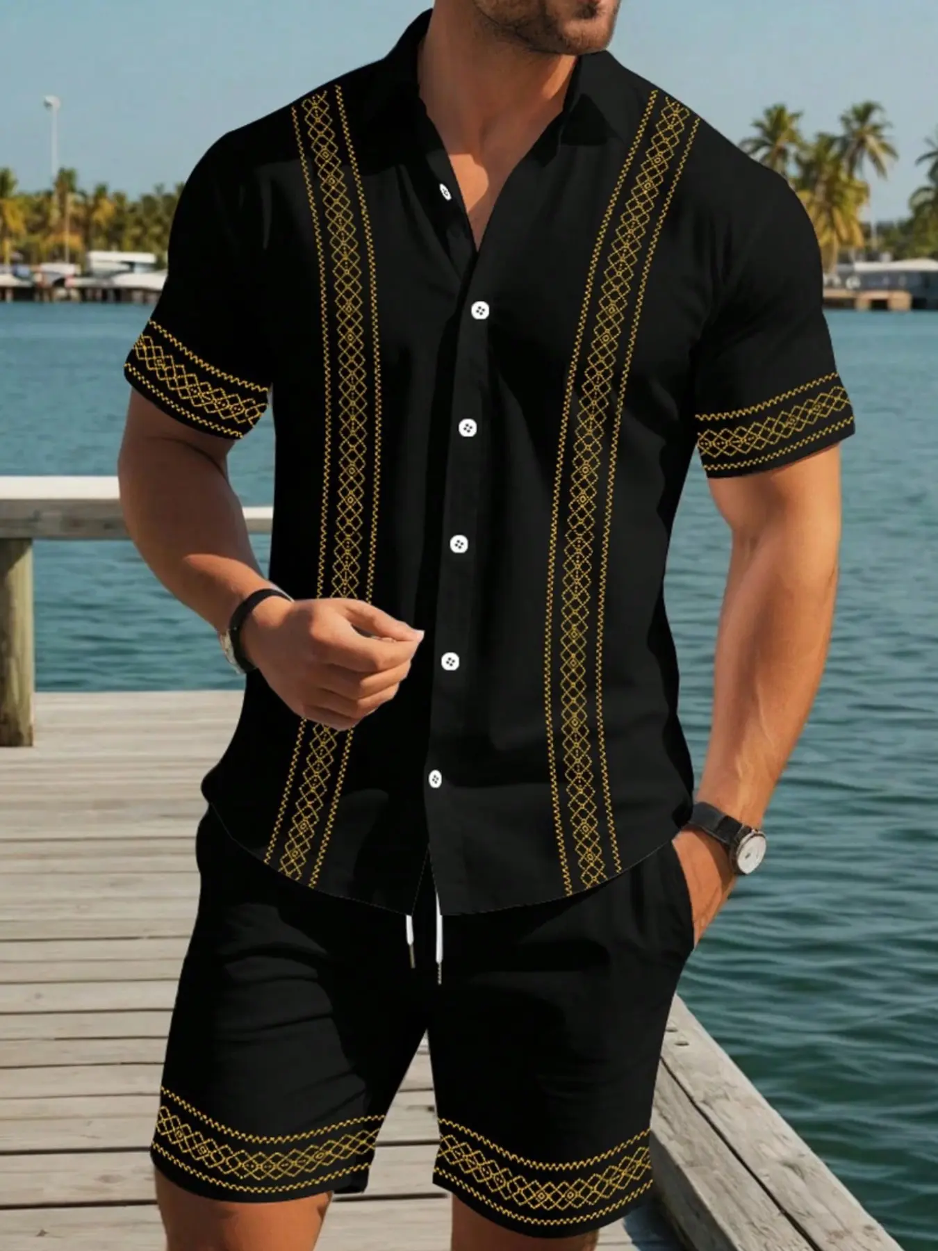 Summer Men's Casual Vacation Tropical Style Vertical Stripe Print Set, Collar Short Sleeve Shirt + Beach Shorts Two-Piece Set, Shorts Sets Outfits, Slim-Fitting Polo, Striped, Menswear