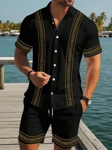 Summer Men's Casual Vacation Style Vertical Stripe Print Set, Collar Short Sleeve Shirt + Beach Shorts Two-Piece Set, Slim-Fitting Polo