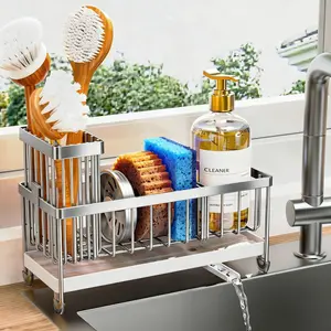 Sponge Holder for Kitchen Sink, Sink Caddy Organizer with High Brush Holder, Kitchen Countertop Organizers and Storage Essentials, Rustproof 304 Stainless Steel (Silver, 9.25″)