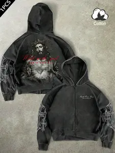 Same design for men and women. Dark-themed Jesus and “Walking with God” slogan print on retro-American-style washed cotton with zipper hoodie. Perfect for warm weather in spring and autumn. Suitable for Christian attire. Ideal for casual, everyday, and pr